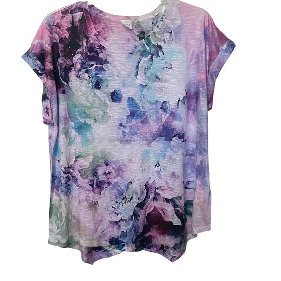 TIME & TRU CAP SLV ROUND NECK BLOUSE, WOMENS, XXL/2XL/20, PINK PURPLE BLUE GRN - Picture 1 of 12